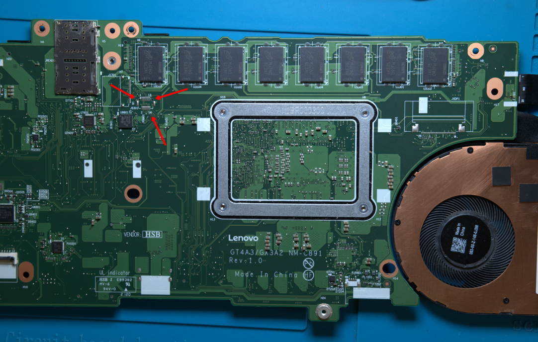 ThinkPad X13 Motherboard with arrows pointing to J9301